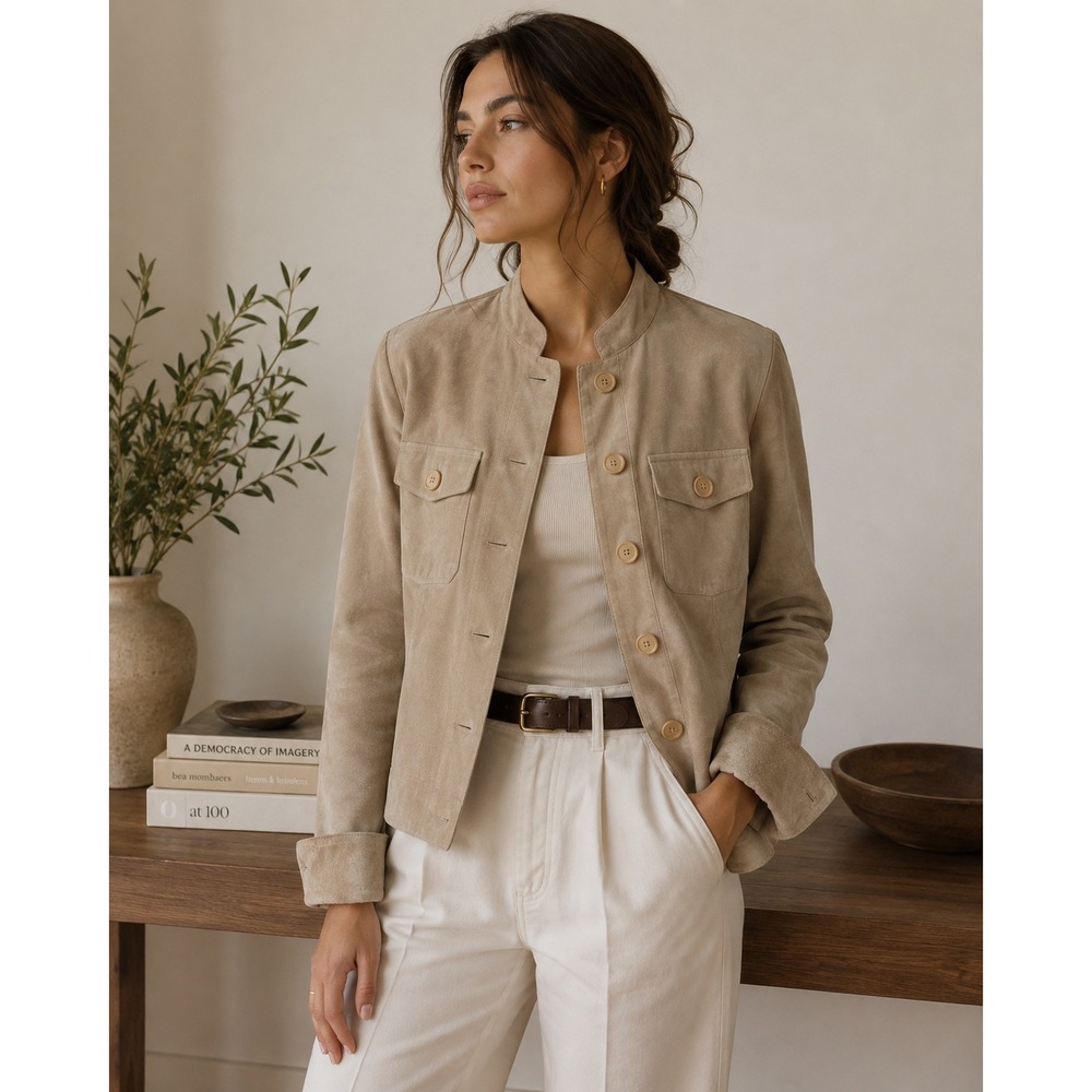Vintage Worthington Genuine Suede Jacket XL Sand Beige Utility Button Front NWT